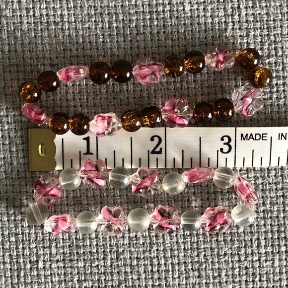 Handmade Glass Bracelets Round Flower Beads Blue Clear Pink Brown, 5.75 to 6.5'' - Picture 12 of 16